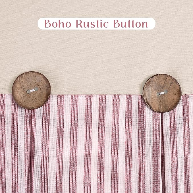 ASPMIZ Farmhouse Living Room Curtains Boho, Country Linen Curtains with Rustic Buttons, Rod Pocket & Back Tab Red Striped Curtain for Bedroom Window Curtain, Home Decor, 52 x 63 Inch, 2 Panels