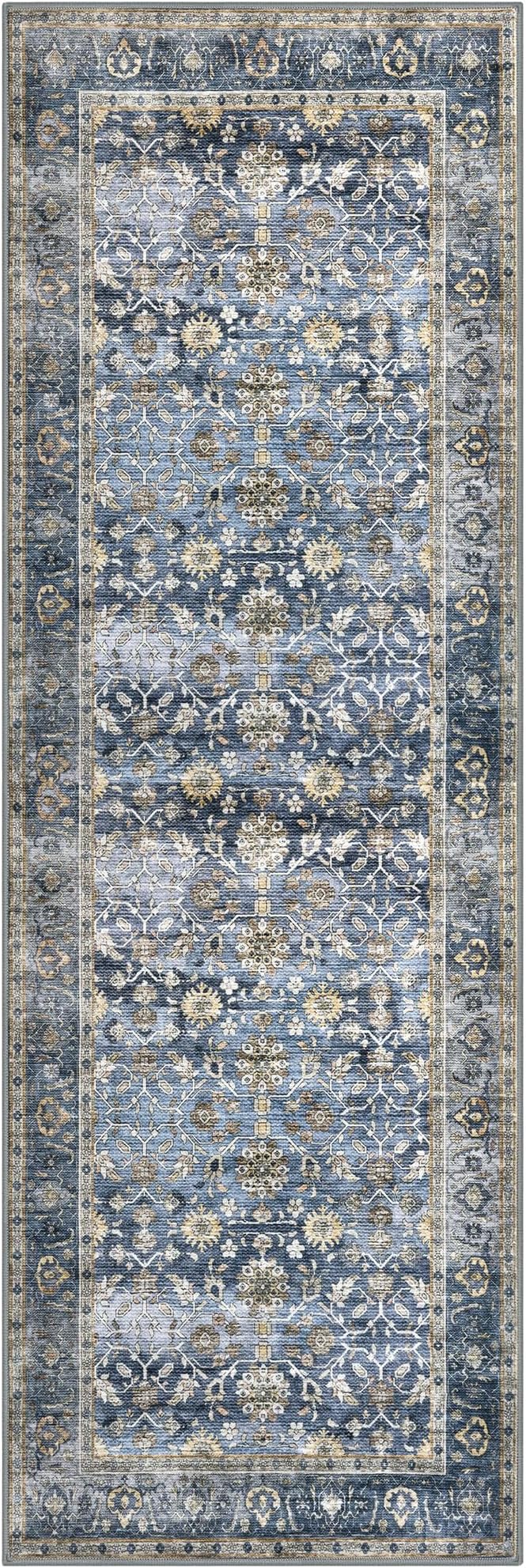KUTA Vintage Floral Rugs for Entryway, 2PCS 2x3 and 2x6 Blue Grey Beige Entrance Small Area Rug, Non-Slip Washable Ultra Thin Soft Hallway Runner Rug, Low-Pile Indoor Door Mat Floor Carpet