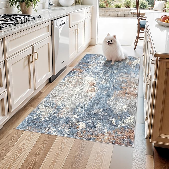 4x5 Washable Entryway Rug – Non-Slip Low Pile Throw Area Rug for Bathroom Kitchen Living Room Bedroom – Modern Abstract Neutral Soft Indoor Small Carpet (Blue Rust,4x5)