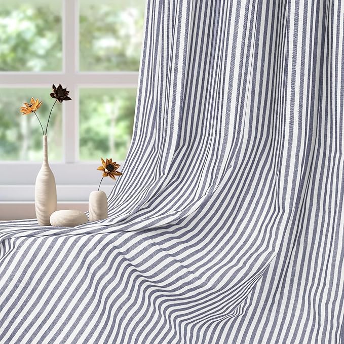 ASPMIZ Cotton Linen Farmhouse Curtains Boho Rustic Button Drapes, Linen Window Curtain Panels, Blue Stripe Country Curtain for Living Room, Modern Back Tab Blackout Curtains 52 x 84 Inch, 2 Panels