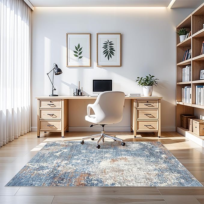 4x5 Washable Entryway Rug – Non-Slip Low Pile Throw Area Rug for Bathroom Kitchen Living Room Bedroom – Modern Abstract Neutral Soft Indoor Small Carpet (Blue Rust,4x5)