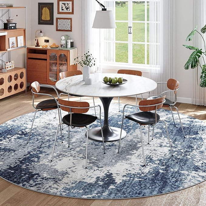 Blue Round Rugs 6ft Washable Circle Area Rug for Entryway Kitchen, Non Slip Soft Low Pile Stain Resistant, Boho Circular Carpet for Living Room Bedroom Dorm Dining Room Table, Abstract Navy