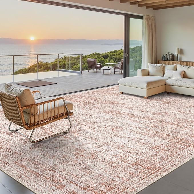 Soalmost Washable Area Rug 8x10, Large Soft Rugs for Living Room Vintage Area Rugs for Bedroom Dining Room Non-Slip Stain Resistant Pink Under Table Rug