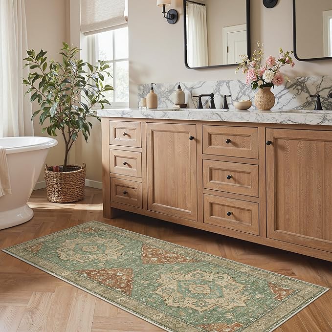 GENIMO Runner Rug 2'6"x6 Machine Washable Non Slip Vintage Hallway Runner Rug, Low Pile Lightweight Rugs for Indoor Entryway, Hallway, Kitchen and Corridor, Reddish Brick & Light Green