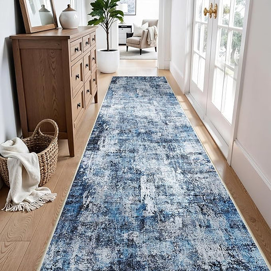 3x10 Ft Long Wide Hallway Runner Rug – Non-Slip Washable Wide Kitchen Runner, Low-Pile Thin Modern Abstract Floor Rug for Indoor Entryway, Bedroom, Living Room (Navy Blue)