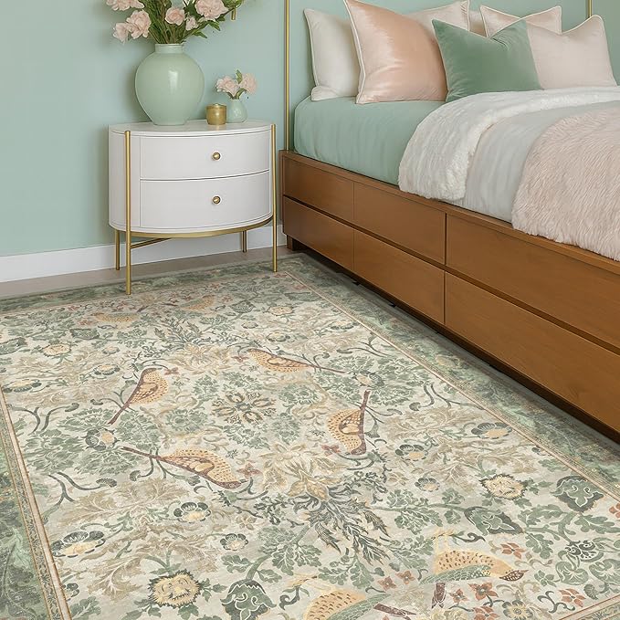 Hazo Haus Washable Area Rugs 5x8 for Bedroom - Sage Green Boho Rugs for Living Room, Dining Room, Home Office, Playroom, Light Green Botanical Bird Pattern, Non Slip Stain Resistant Low Pile