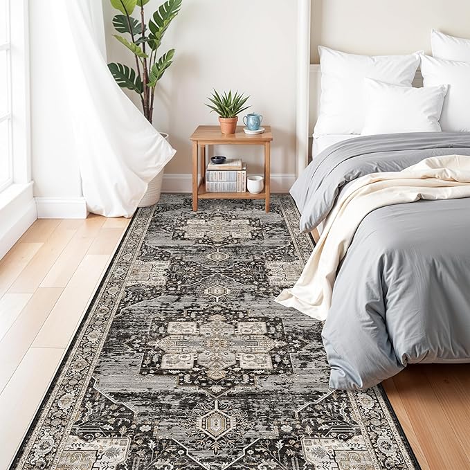 RUUGME Oriental Hallway 4x10 Rug - Washable Runner Rug Soft Stain Resistant Carpet for Kitchen entryway Vintage Lightweight Ultra-Thin Rugs with Non Slip Backing for RV Owners&Van Lifers 4X10 Black