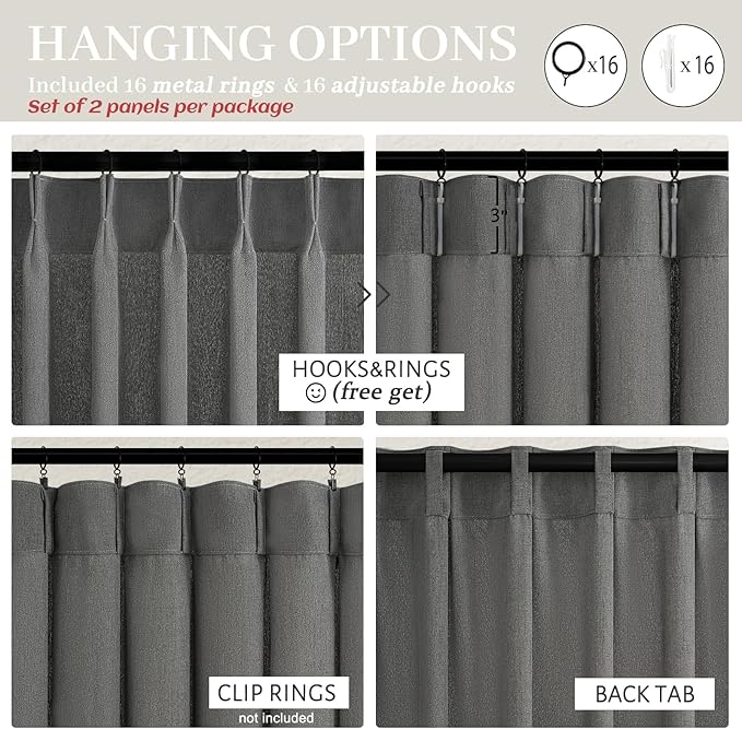 Natural Linen Semi Sheer Ceiling Curtains 102 Inches Long 2 Panels for Patio Sliding Glass Door, Dark Grey Luxury Pinch Pleat Living Room Light Filtering Curtain with Track System Burg Decor 40Wx102L