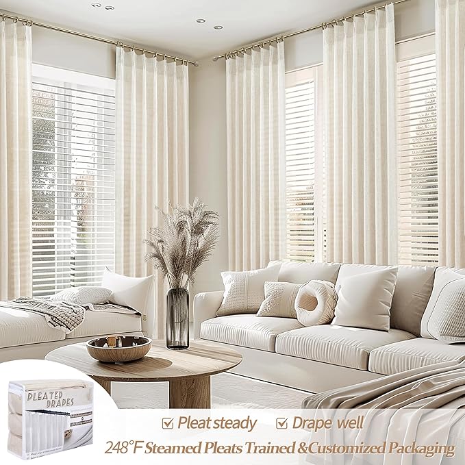 Custom Extra Long 104 Inch Floor to Ceiling Curtains for Room Divider, Memory Trained Pinch Pleated Light Filtering Linen Blend Sheer Curtain Beige White Neutral Drapes 2 Panels Set for Large Windows