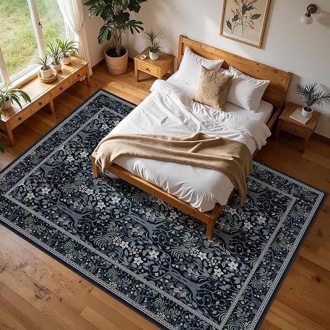 Joydeco Washable 9x12 Area Rugs for Living Room, Large Non Slip Vintage Floral Rug, Boho Bedroom Mats Under Bed, Soft Ultra-Thin Throw Carpet for Dining Room Apartment, Black-Blue