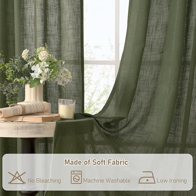 LAMIT Olive Green Linen Semi Sheer Curtains 63 Inch for Bedroom, Light Filtering Christmas Window Curtains Farmhouse Boho Back Tab and Rod Pocket Panels, 2 Panels, 38 x 63 Inch