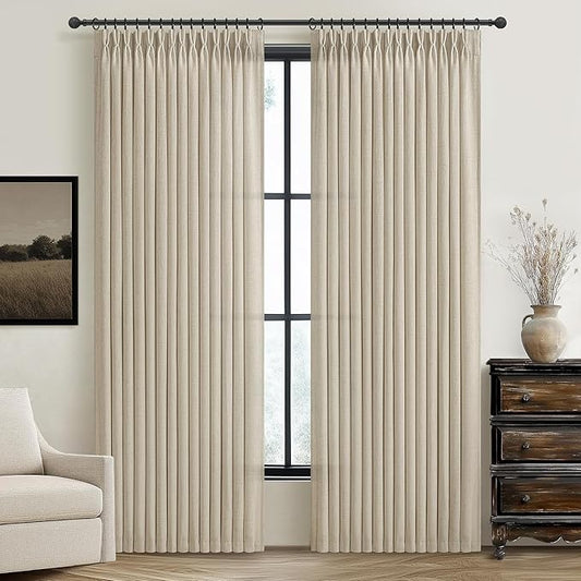 Custom Warm Beige Pinch Pleat Light Filtering Curtains 88 Inches Long for Office 2 Panels Set, Memory Trained Thick Natural Linen Blend Semi Sheer Protect Privacy Windows Curtain & Drapes with Hooks