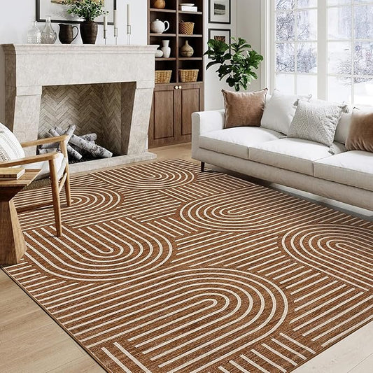 ROYHOME Washable Rug 8x10 Area Rugs for Living Room, Abstract Rug for Bedroom, Soft Rainbow Non Slip Throw Rugs With Rubber Back, Low Pile Stain Resistant Boho Geometric Carpet for Dining Room, Copper