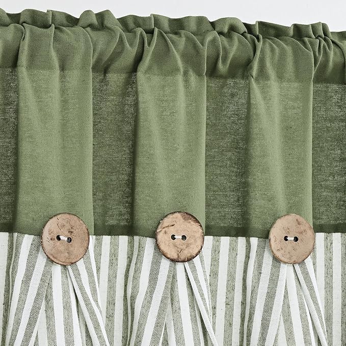ASPMIZ Farmhouse Cotton Linen Swag Valances for Windows, Boho Kitchen Curtains Valances with Rustic Buttons, Green Striped Window Treatments Curtain Valance for Bathroom Cafe, 61 x 36 Inch, 1 Panel
