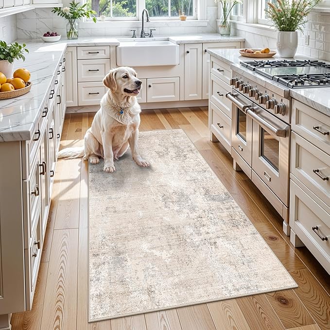 3x5 Washable Entryway Rug – Non-Slip Rubber Backed Small Area Rug for Kitchen, Bedroom, Living Room, Office – Soft Low-Pile Thin Modern Abstract Neutral Throw Rug (Beige Grey, 3x5)