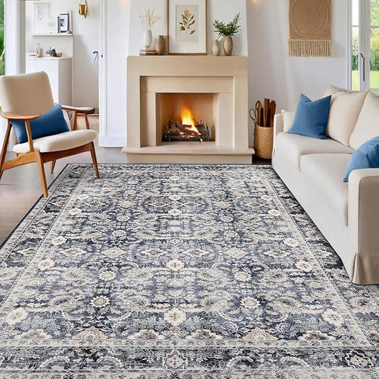 GarveeHome Washable Rugs for Living Room 9x12 Vintage Neutral Area Rug, Ultra Soft Low Pile Oriental Floral Carpet, Non Slip & Stain Resistant Retro Floor Mats for Home Decor, Blue Grey