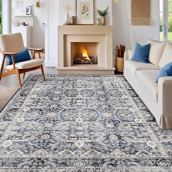 GarveeHome Washable Rugs for Living Room, Vintage Neutral Area Rug, Ultra Soft Low Pile Oriental Floral Carpet, Non Slip & Stain Resistant Retro Floor Mats for Home Decor
