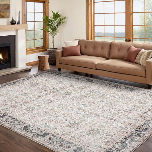 GarveeHome Washable Rugs for Living Room, Vintage Neutral Area Rug, Ultra Soft Low Pile Oriental Floral Carpet, Non Slip & Stain Resistant Retro Floor Mats for Home Decor
