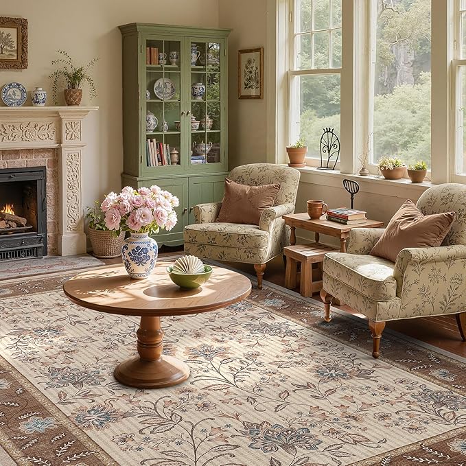 GarveeHome Area Rugs 8x10 for Living Room, Brown Large Washable Rug Botanical Soft Non Slip Floor Mat Carpet Indoor Thin Cottage core Rug for Bedroom Dining Room Playroom Nursery Home Decor