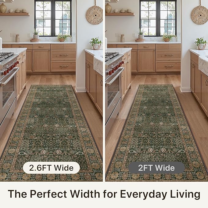 Bavni 2'6''x6 Rug Runners for Hallways, Washable Runner Rug Non Slip, Vintage Floral Print Style Rugs for Bedroom-Lightweight Low Pile Carpet for Hallways Bathroom, Dark Green/Multi
