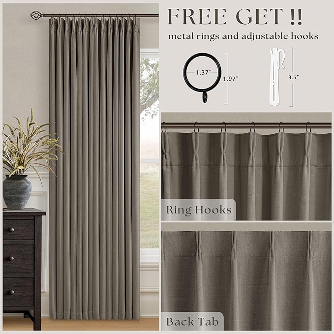 Taupe Grey Pleated Linen Blackout Curtains 80 Inches Long for Bedroom Living Room Pinch Pleat Black Out Thermal Insulated Ring Hooks Room Darkening Drapes Brownish Gray 80 Inch Curtains with Liner