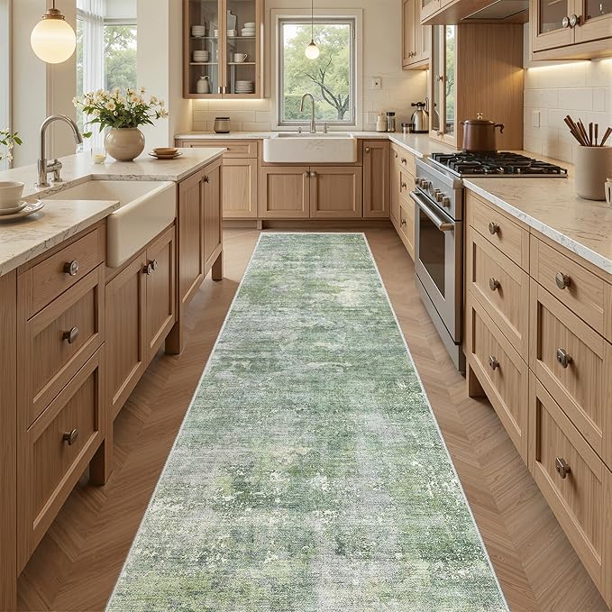 Soalmost Runner Rug 2x8 Washable Non-Slip Hallway Runner Rugs for Kitchen Bathroom Laundry Room Green/Ivory Vintage Floor Carpet Runners for Hallways Entryway