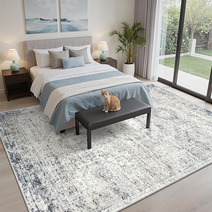 Soalmost 6x9 Area Rug for Living Room Washable 6x9 Non-Slip Modern Rugs for Bedroom Dinning Room Ultra-Thin Indoor Blue Ivory
