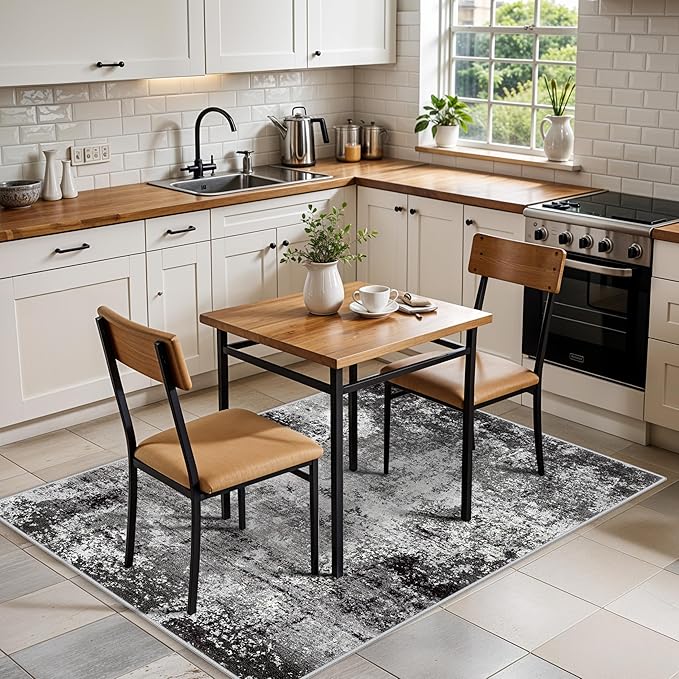 3x4 Washable Entryway Rug – Non-Slip Modern Abstract Small Area Rug for Kitchen, Bedroom, Bathroom – Soft Low-Pile Thin Indoor Door Mat（Black Grey, 3x4）