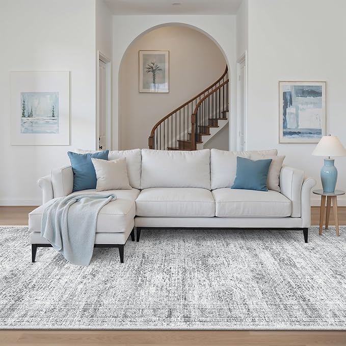 Soalmost 4x10 Wide Hallway Runner Rug: Washable Soft Rug Runners for Living Room Bedroom Ktichen, Stain Resistant Low Pile Area Rugs Non Slip Floor Carpet (Grey, 4x10)