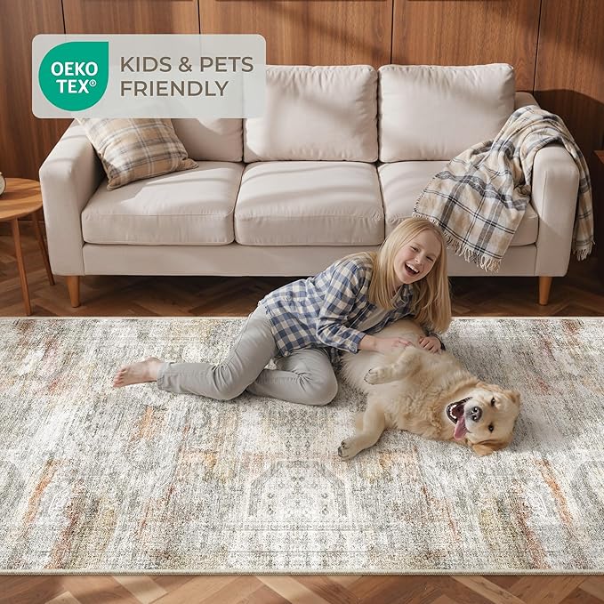 Kitchen Runner Rugs Non Skid Washable - 2.5 x 10 Runner Rug with Anti Slip Backing, Ultra-Thin Soft Rug Runner for Hallway, Bedroom, Living Room (2.5'x10', Grey/Rust)