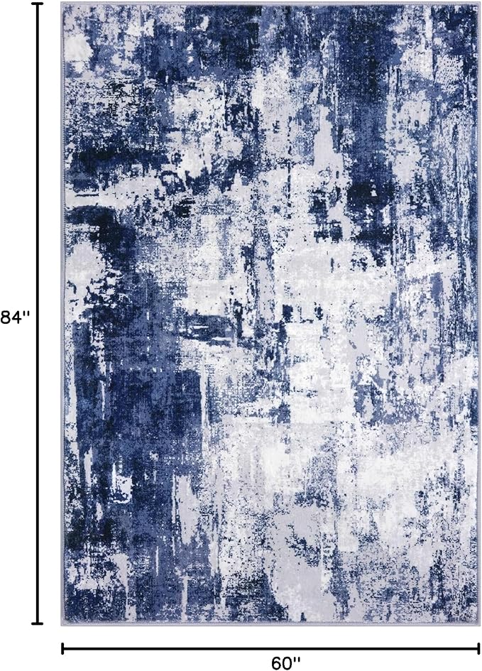KOZYFLY Modern Abstract Area Rugs 5x7 Navy Blue Machine Washable Thin Rug for Bedroom Non-Slip Living Room Rug, Faux Wool Soft Low Pile Office Carpet for Dining Room, Bedroom, Kitchen