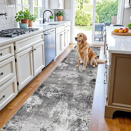 3x15 Ft Long Hallway Runner Rug – Non-Slip Washable Kitchen Floor Rug with Rubber Backing, Modern Low Pile Thin Wide Carpet Runners for Bedroom, Entryway Indoor (Black Grey,3x15)