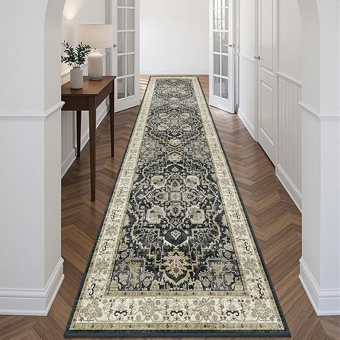 3x12 Runner Rug for Hallway, Non-Slip Long Washable Rug, Soft Thin Vintage Floor Mat for Kitchen, Bathroom, Bedroom, Entryway, Dining Room (Black, 3'x12')