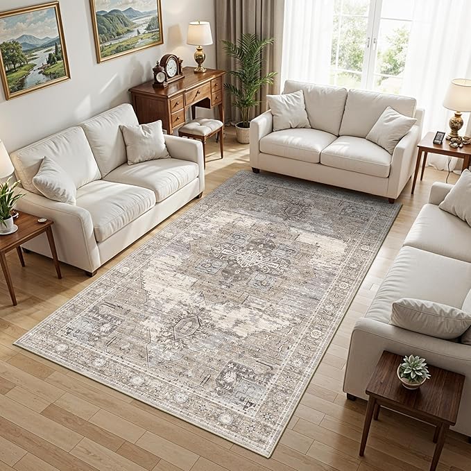 RUUGME 4x7 Washable Kitchen Area Rug, Ultra-Thin Soft Entryway Rugs Vintage Non Slip Stain Resistant Carpets for Small Living Room Bedroom Dining Room Low Pile Indoor Home Decor Mat 4x7 Beige