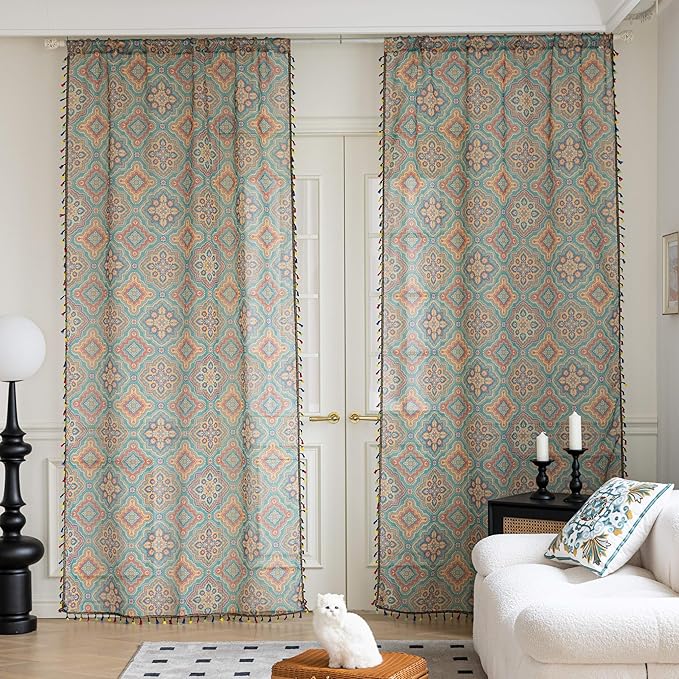 Blue Geometric Sheer Curtains 96 inch Long, Fringed Edges and Textured Semi Sheer Curtains Large Window Treatments for Living Room/Bedroom, 2 Panels