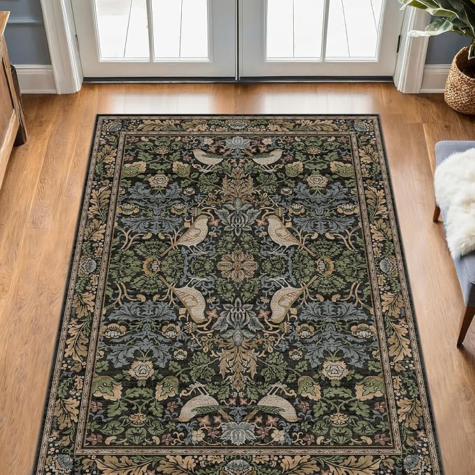 Hazo Haus Vintage Floral Area Rug 5x7 for Living Room - Dark Green Forest Bird Rugs for Bedroom, Dining Room, Office, Non Slip Stain Resistant Low Pile