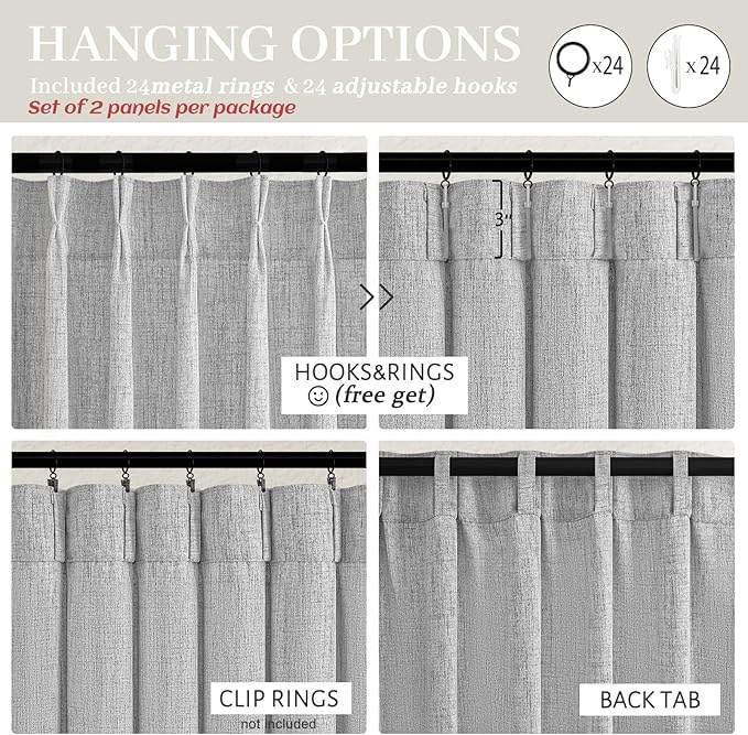 Light Grey Pleated Extra Wide 70 Inch Bedroom Curtains 84 Inches Long 2 Panels Set, Memory Shape Semi Sheer Linen Textured Curtain Light Filtering Privacy Sliding Doors Windows Drapes with Hooks Rings