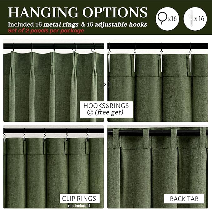 Olive Green Linen Curtains 96 Inches Long 2 Panels Set, Modern Aesthetic Pinch Pleated Dark Academia Living Room Light Filtering Sheer Ceiling Track Curtains with Hooks Decor Drapes for Bedroom Window