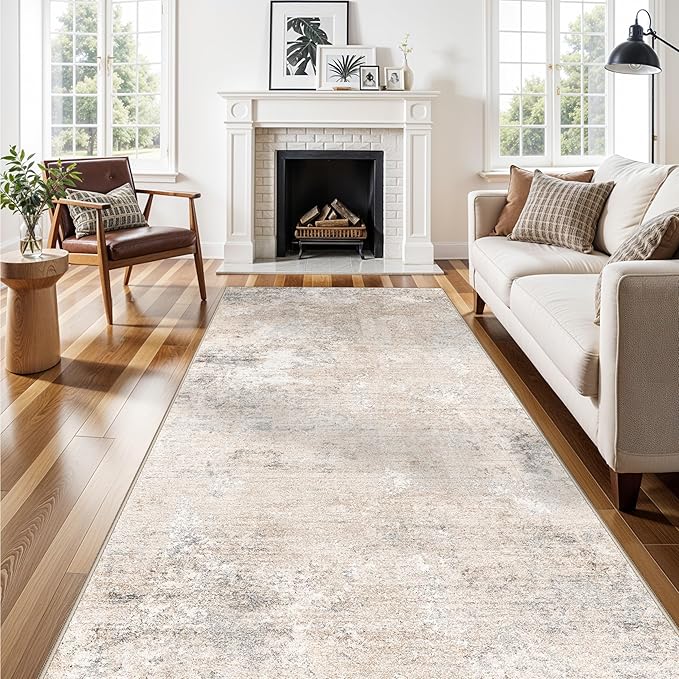 4x10 ft Extra Wide Hallway Rug – Non-Slip Washable Large Carpet Runner for Kitchen, Indoor Entryway, Modern Abstract Low-Pile Thin Floor Mat for Bedroom, Living Room, Dining Room (Beige Grey,4x10)
