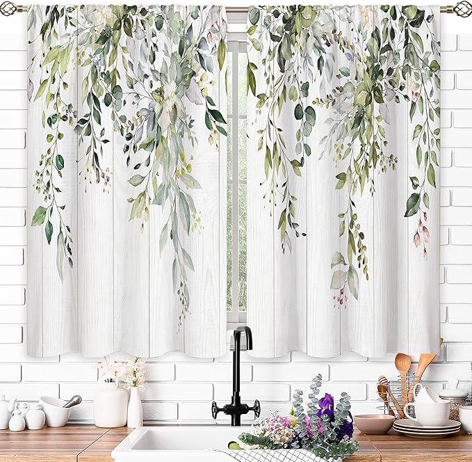 Farmhouse Eucalyptus Botanical Small Kitchen Curtains Rustic Leaves Window Treatment Wooden Floral Sage Mint Green Cafe Short Curtains for Bathroom Dining Tier Treatment Drapes 27.5x39 inch