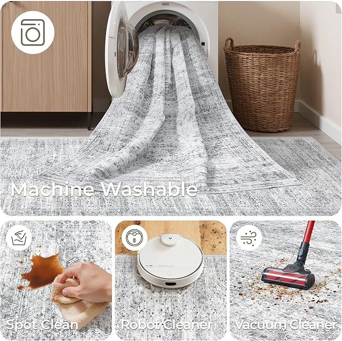 Washable Runner Rugs for Bedroom - 2x6 Runner Rug Non Slip, Ultra-Thin Entryway Runner, Soft Abstract Kitchen Runner for Hallway, Laundry, Bathroom, Indoor Door Mat(2'x6', Grey/Ivory)