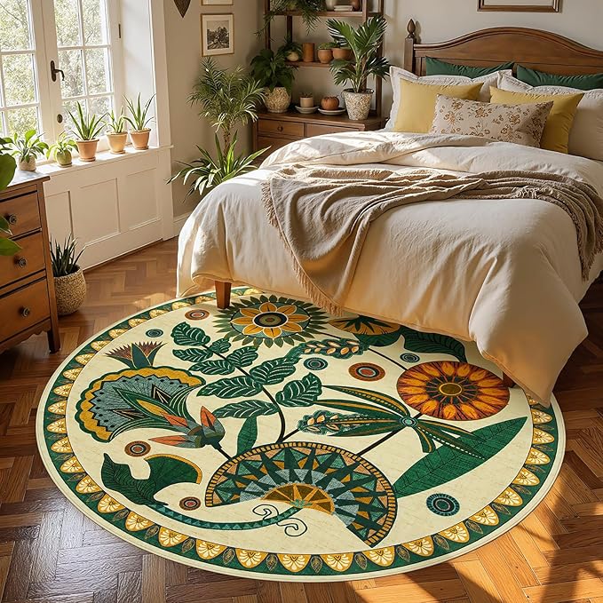 Joydeco Egypt Floral Boho Round Rugs 6FT, Washable Circle Area Rug for Bedroom Living Room Playroom, Vintage Beige Non Slip Circular Throw Carpet for Nursery Dorm Classroom Dining Room