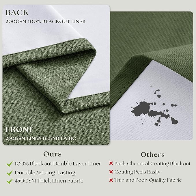 86 Inch Olive Green Pleated Blackout Curtains 2 Panels Set for Bedroom Living Room Darkening 100% Black Out Memory Trained Farmhouse Rustic Farmhouse Pinch Pleat Linen Window Curtains 86 Inch Length