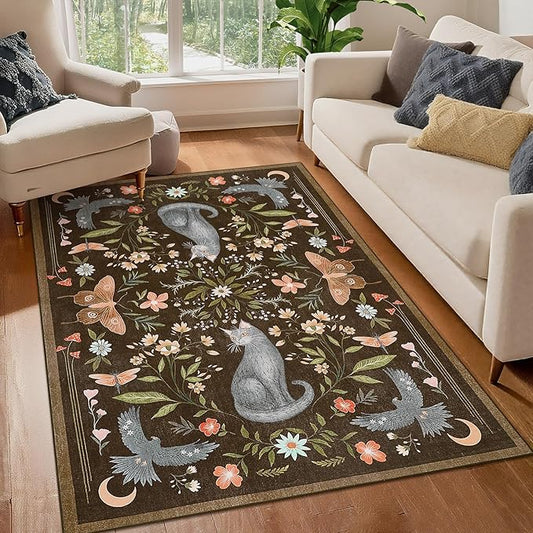 GarveeHome 3x5 Cat Washable Area Rug for Entryway, Mushroom Floral Brown Bedroom Rug Non Slip Low Pile Butterfly Carpet Stain Resistant Throw Rug for Kitchen Dorm Kids Room Office Dining Room