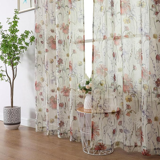 OWENIE Crushed Semi Sheer Curtains 72 Inches Length 2 Panels, Floral Pattern Design Rod Pocket Light Filtering Farmhouse Curtains for Bedroom Living Room, 2 Pieces Total 84 Inch Wide, 72 inch Long