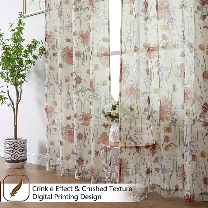 OWENIE Crushed Sheer Curtains 84 Inch Length 2 Panels Set, Sheer Floral Curtains Printed Drapes on Sheers for Living Room, Rod Pocket Light Filtering Window Sheers (2 Panels, 42" x 84")