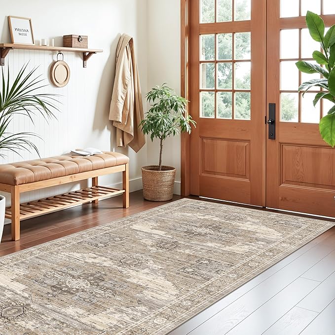 RUUGME 4x8 Hallway Runner Rug - Washable Vintage Soft Runners Stain Resistant Carpet Lightweight Ultra-Thin Rugs for Entryway Kitchen Bedroom with Non Slip Backing Home Decor 4x8 Beige