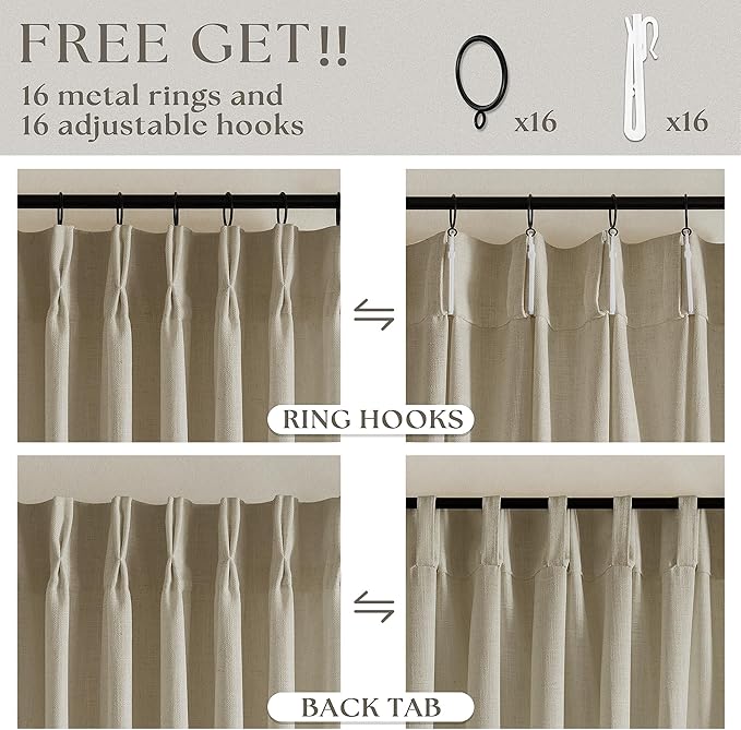 Farmhouse Pleated Linen Khaki Curtains 102 Inches Long 2 Panels Set for Living Room Bedroom Rustic Boho Cotton Linen Oatmeal Back Tab Memory Shape Pinch Pleat Ceiling Floor 102 Inch Window Curtain