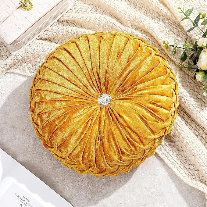 Drydiet 1 Pcs Round Throw Velvet Pillows Decorative Pleated Throw Pillows 15'' Diameter Accent Pumpkin Boho Chair Cushion for Couch Sofa Home Decoration (Velvet Gold)