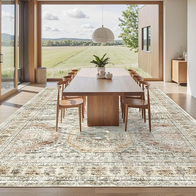 Soalmost 10x14 Area Rugs for Living Room, Non Slip Machine Washable Vintage Rugs, Low Pile Lightweight Large Rug for Bedroom, Dining Room, Home Office Brown Pink